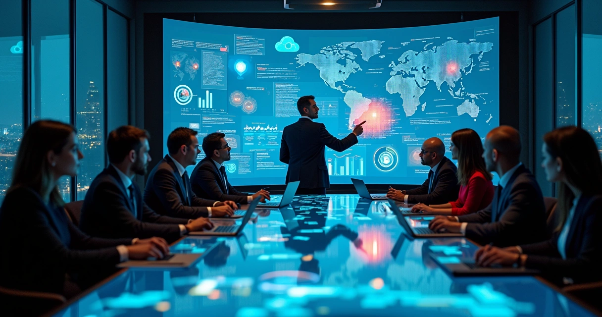 Executivos analisando um grande painel digital com indicadores de TI