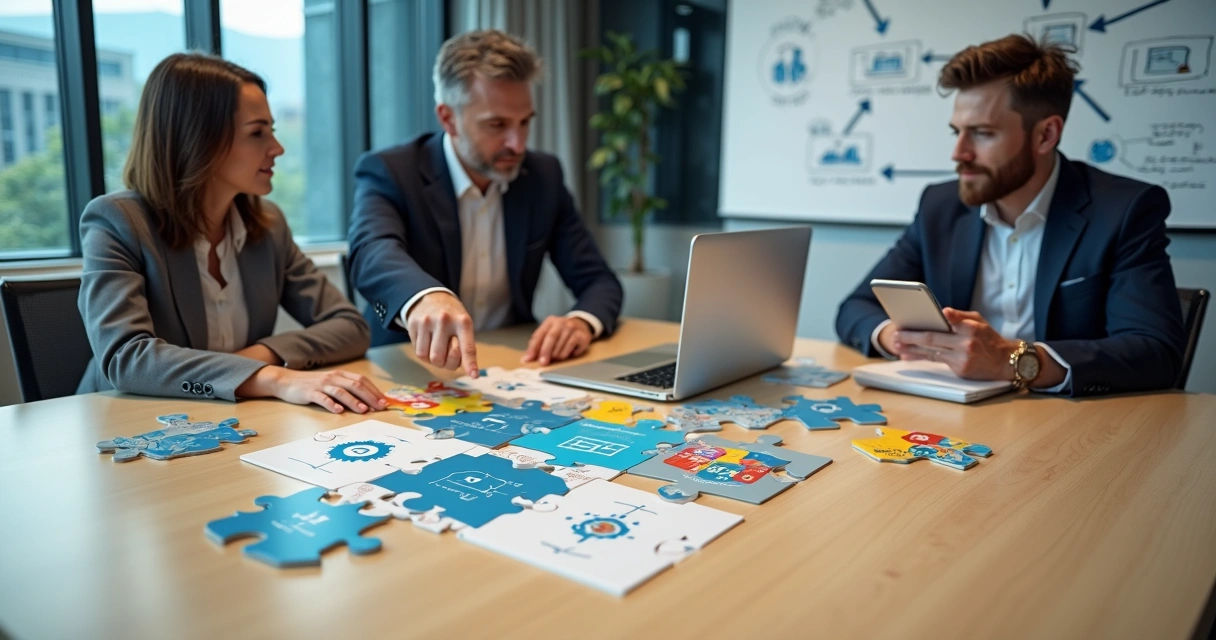 Equipe de tecnologia colaborando sobre mesa com peças de quebra-cabeça coloridas e notebook aberto