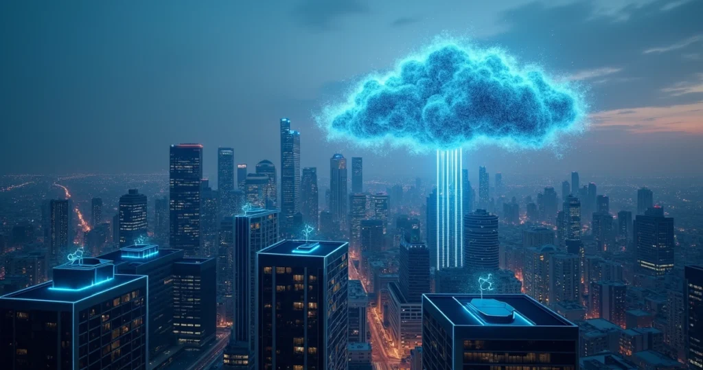 Vista aérea de cidade à noite com nuven digital conectando prédios e nuvens reais