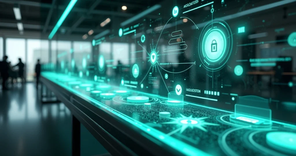 Linha de produção digital com esteiras automatizadas e ícones de TI conectados