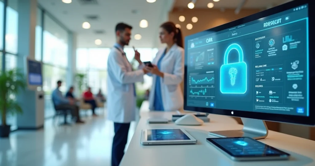 Médico em clínica dos EUA usando software de gestão em computador e tablet