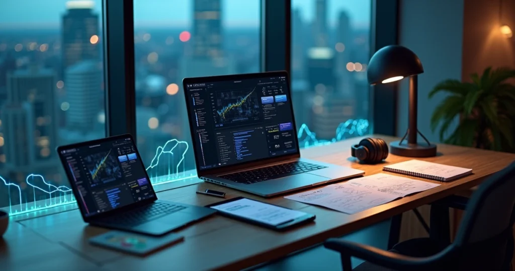 Mesa com notebooks exibindo telas de sistema corporativo e app mobile conectados