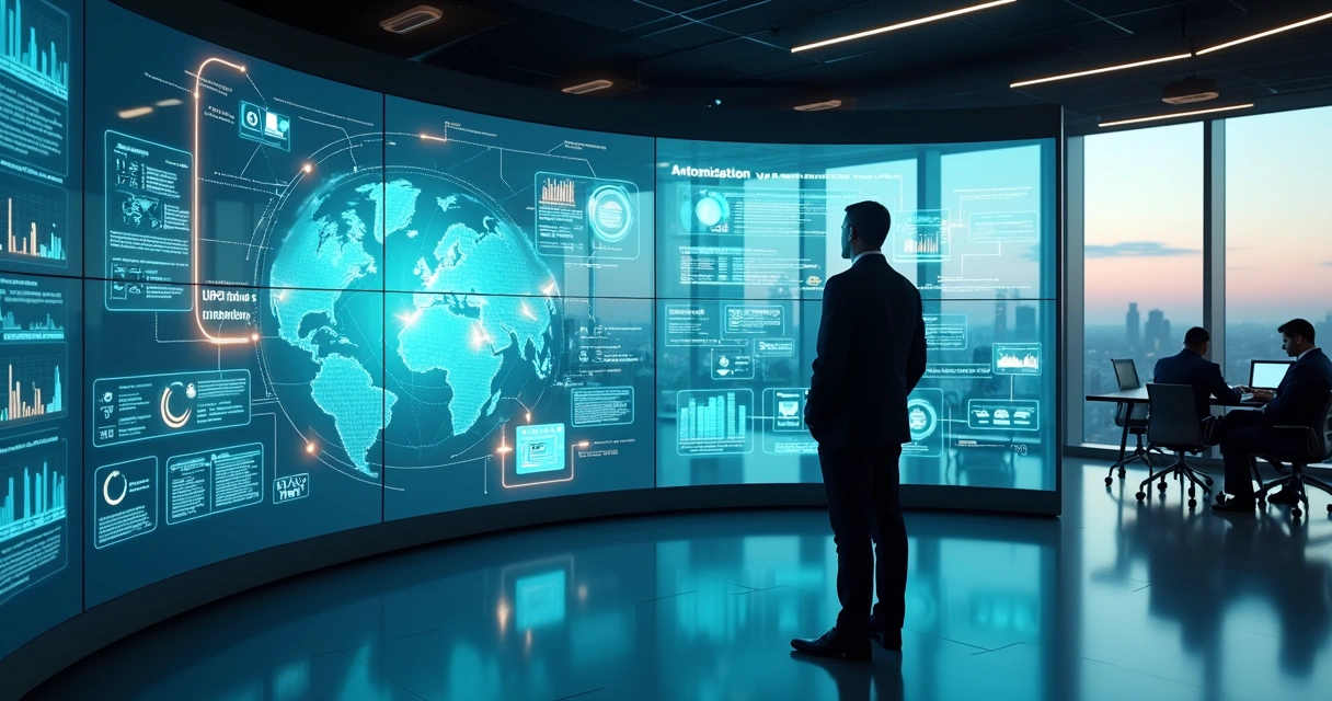 Gestor observando painel digital com fluxos de automação empresarial