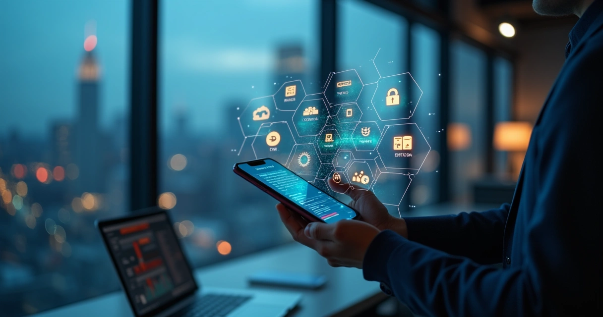 Gestor analisando painel corporativo em app personalizado no smartphone