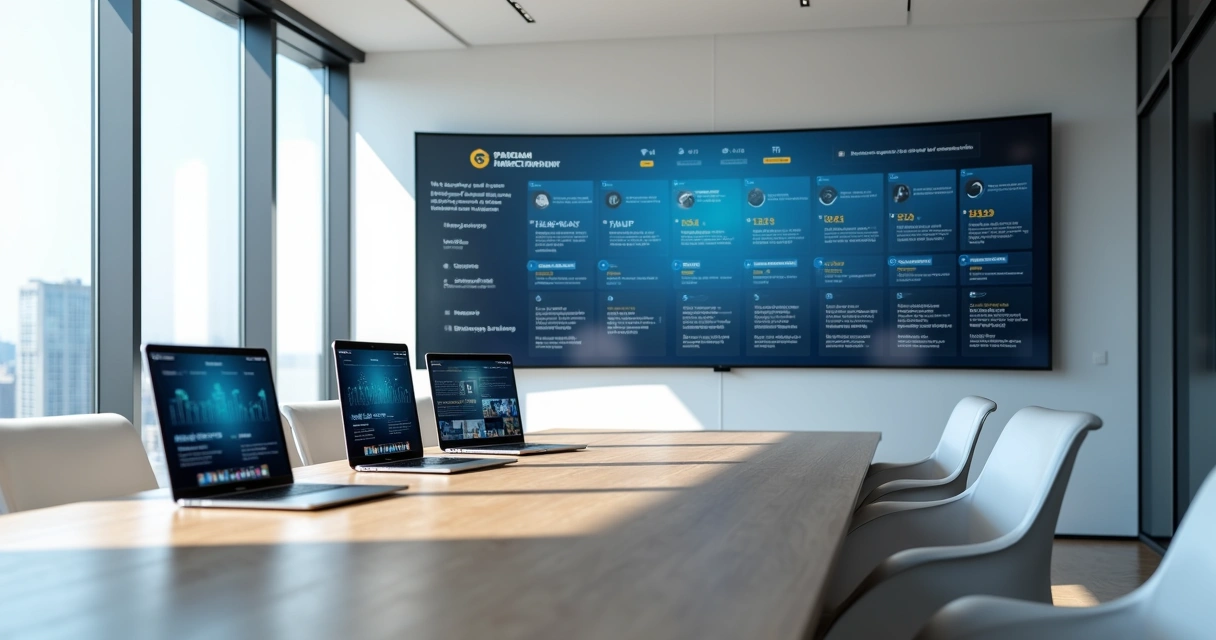 Painel com diferentes telas exibindo sites corporativos responsivos em escritório moderno