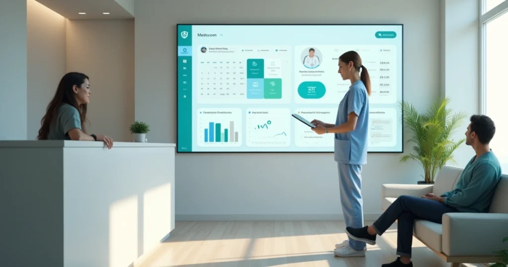 Recepção de clínica moderna com painel digital de gestão na parede