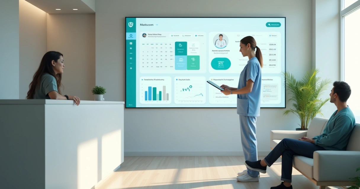 Recepção de clínica moderna com painel digital de gestão na parede