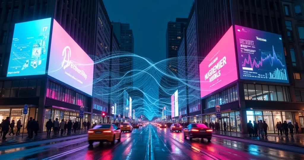 Telões urbanos com anúncios digitais conectados a gráficos de dados luminosos