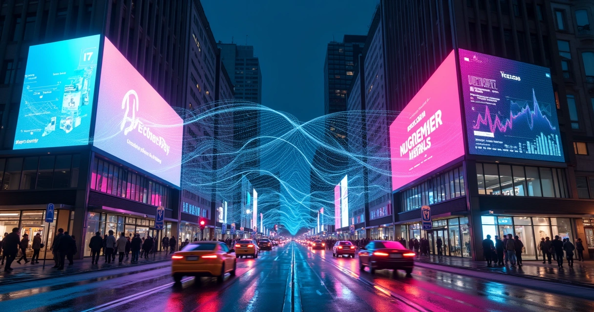 Telões urbanos com anúncios digitais conectados a gráficos de dados luminosos