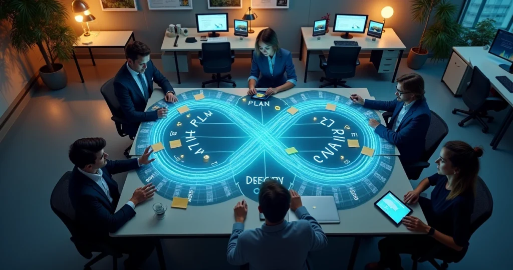 Equipe de TI colaborando em torno de esteira visual de DevOps com ícones de automação e nuvem