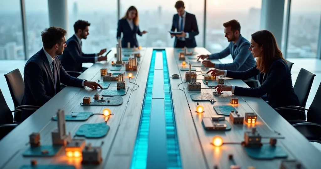 Equipe executiva analisa encruzilhada entre soluções SaaS em nuvem e ERP sob medida em maquete de escritório