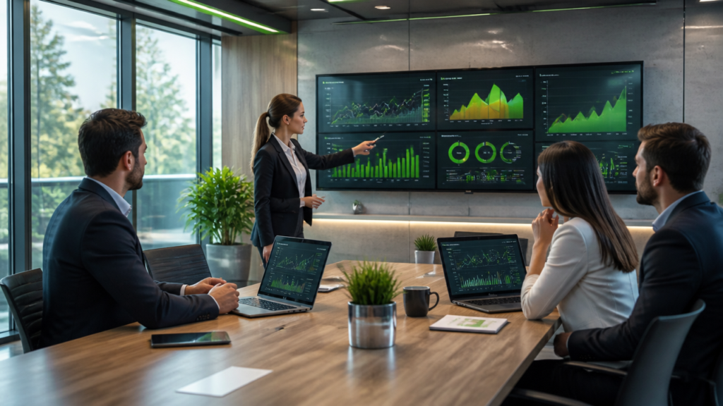 Equipe corporativa analisando o desenvolvimento de um sistema sob medida em ambiente de escritório.