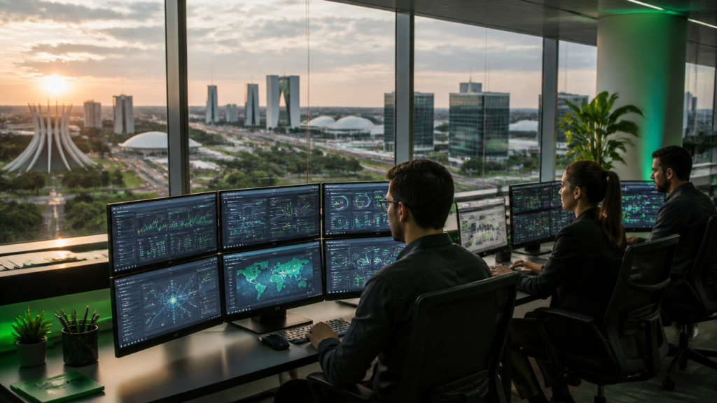 Equipe de TI em escritório corporativo com vista urbana de Brasília ao fundo