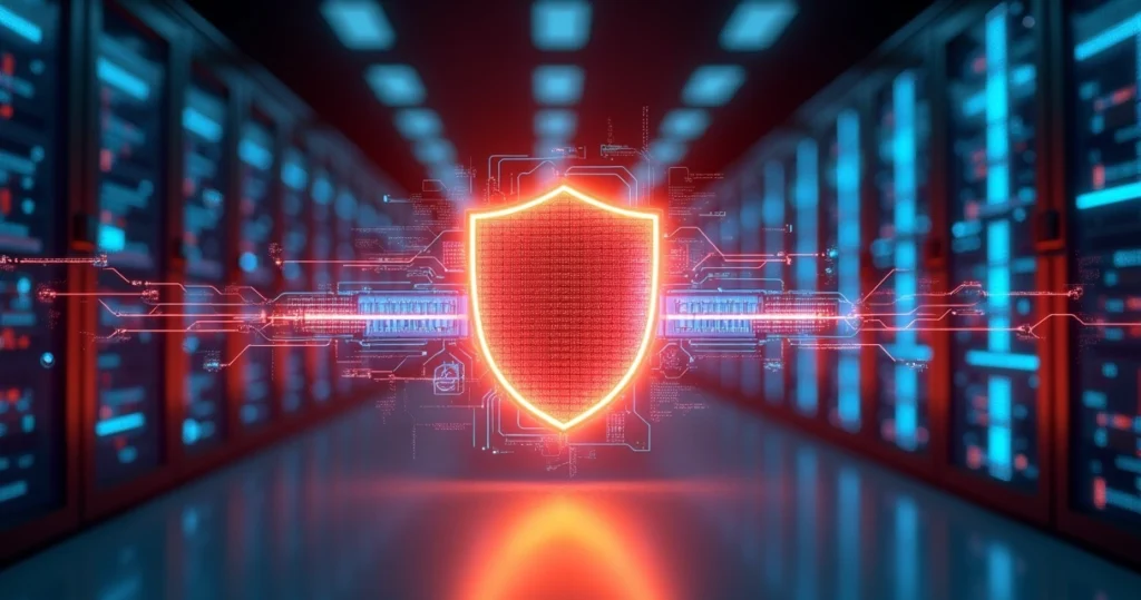 Muro digital em forma de firewall protegendo rede corporativa futurista