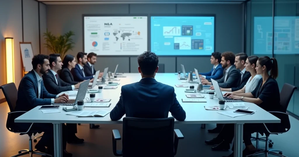 Mesa dividida mostrando equipe interna de TI de um lado e time terceirizado do outro
