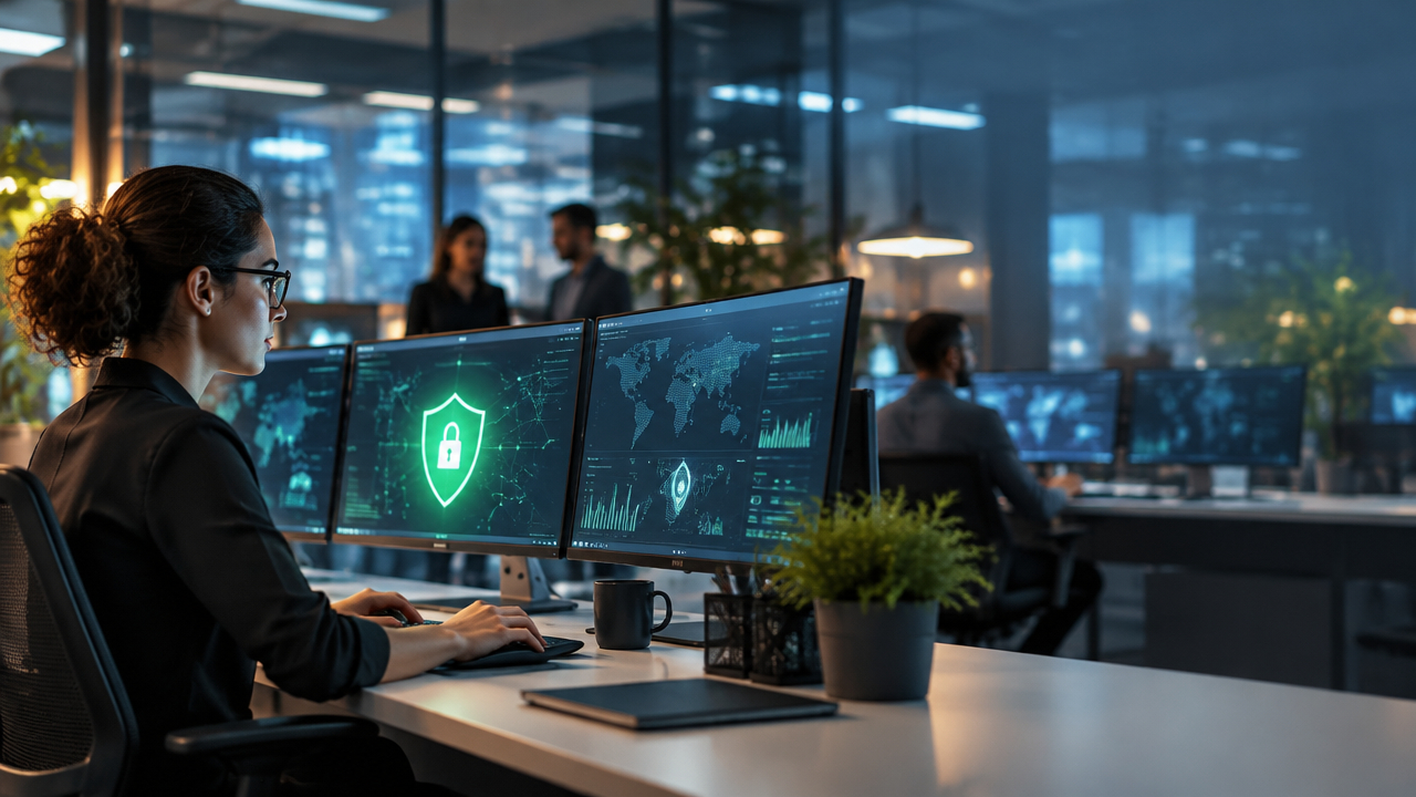 Equipe de TI monitorando sistemas e protegendo a rede corporativa contra ataques digitais