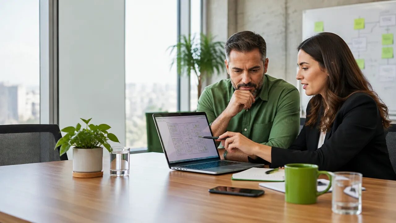 Equipe empresarial alinhando requisitos e etapas para contratar o desenvolvimento de um software sob medida.