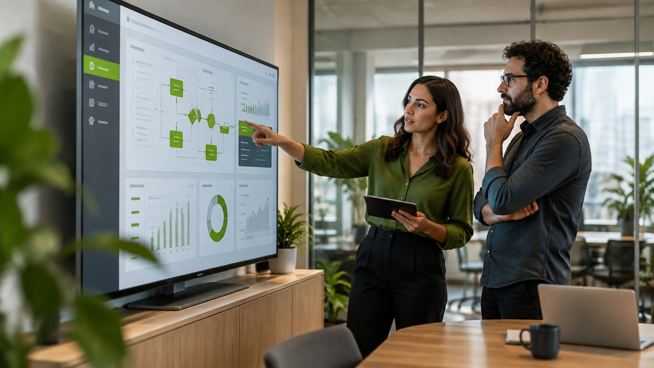 Equipe empresarial analisando uma interface de software personalizado em uma tela