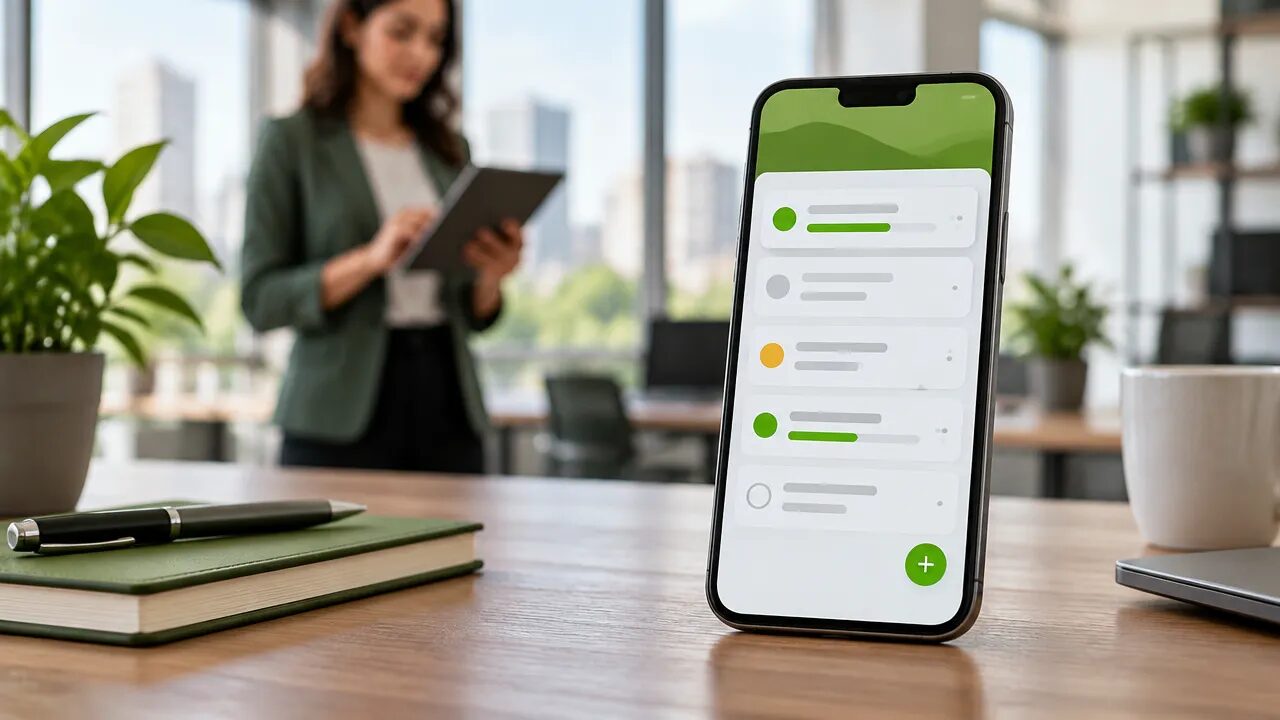 Smartphone com interface genérica de aplicativo corporativo em um escritório moderno